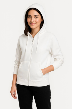 Üç İplik Kapüşonlu Tam Fermuarlı Kanguru Çepli SweatShirt Hoodie - Beyaz - 3