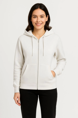 Üç İplik Kapüşonlu Tam Fermuarlı Kanguru Çepli SweatShirt Hoodie - Beyaz - 4