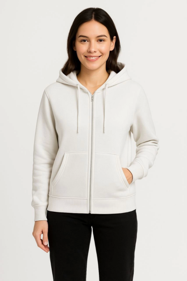 Üç İplik Kapüşonlu Tam Fermuarlı Kanguru Çepli SweatShirt Hoodie - Beyaz - 4
