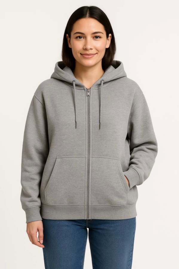 Üç İplik Kapüşonlu Tam Fermuarlı Kanguru Çepli SweatShirt Hoodie - Gri - 1