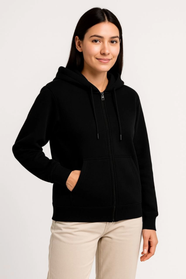 Üç İplik Kapüşonlu Tam Fermuarlı Kanguru Çepli SweatShirt Hoodie - Siyah - 1