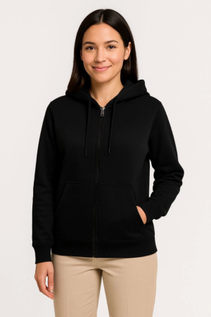 Üç İplik Kapüşonlu Tam Fermuarlı Kanguru Çepli SweatShirt Hoodie - Siyah - 2