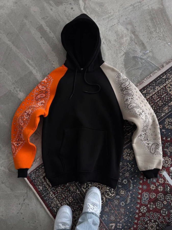 Üç İplik Penye Kapşonlu Parçalı SweatShirt - Siyah - 1