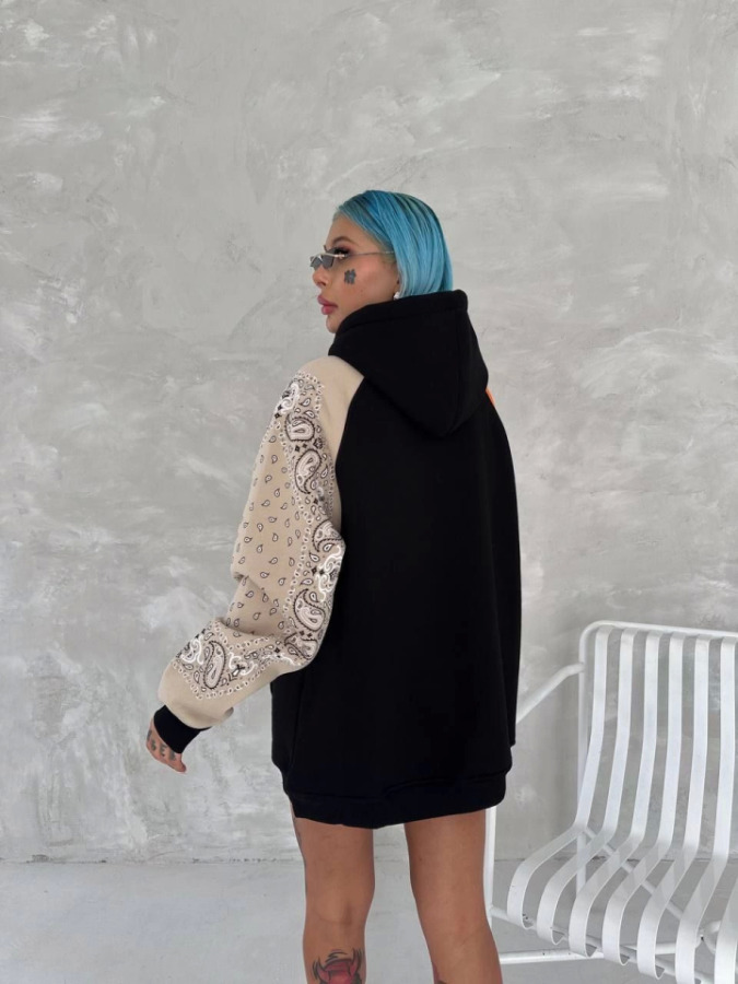 Üç İplik Penye Kapşonlu Parçalı SweatShirt - Siyah - 3