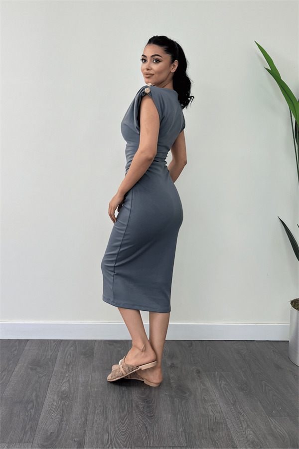 Üç İplik Penye Kumaş Omuz Detaylı Büzgülü Kalem Elbise - ANTRASİT - 5