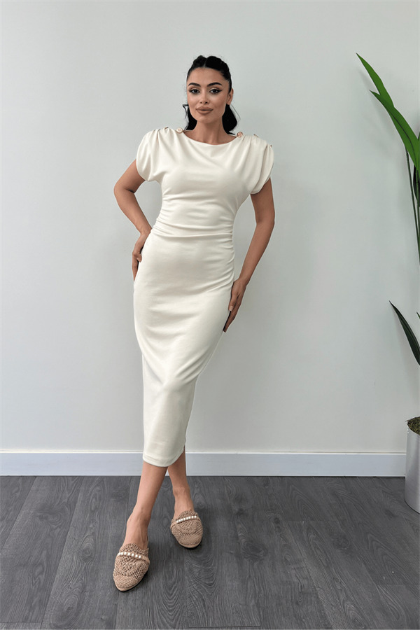 Üç İplik Penye Kumaş Omuz Detaylı Büzgülü Kalem Elbise - KREM - 1