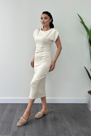 Üç İplik Penye Kumaş Omuz Detaylı Büzgülü Kalem Elbise - KREM - Angelino Moda (1)