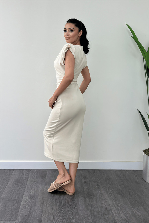 Üç İplik Penye Kumaş Omuz Detaylı Büzgülü Kalem Elbise - KREM - 5