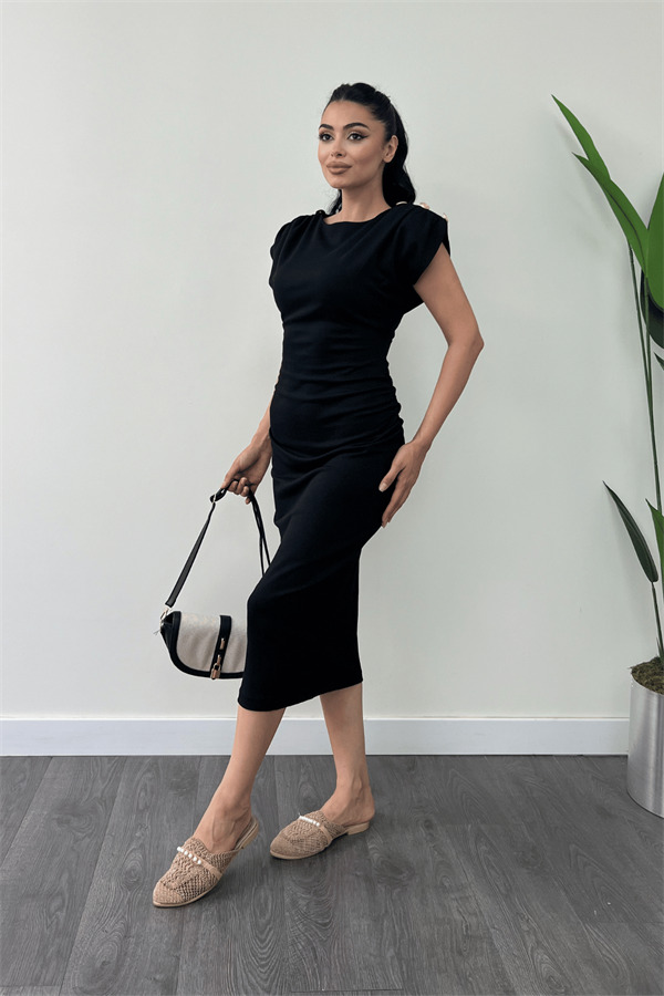 Üç İplik Penye Kumaş Omuz Detaylı Büzgülü Kalem Elbise - SİYAH - 1