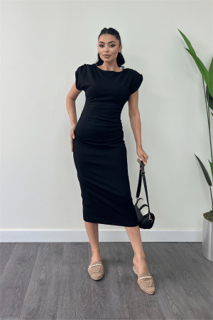 Üç İplik Penye Kumaş Omuz Detaylı Büzgülü Kalem Elbise - SİYAH - Angelino Moda (1)