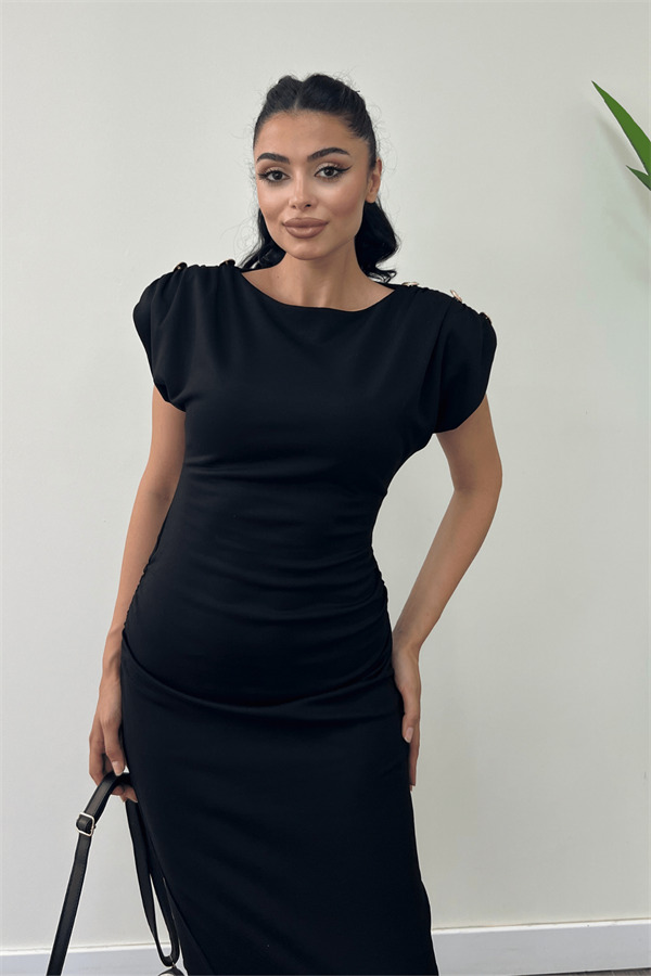 Üç İplik Penye Kumaş Omuz Detaylı Büzgülü Kalem Elbise - SİYAH - 4