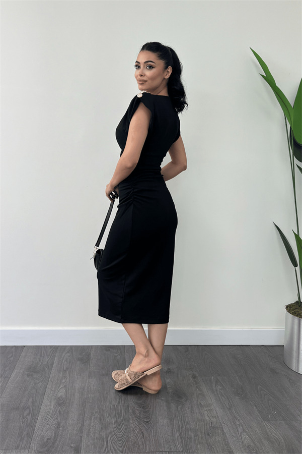 Üç İplik Penye Kumaş Omuz Detaylı Büzgülü Kalem Elbise - SİYAH - 6