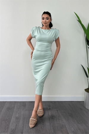 Üç İplik Penye Kumaş Omuz Detaylı Büzgülü Kalem Elbise - YEŞİL - Angelino Moda