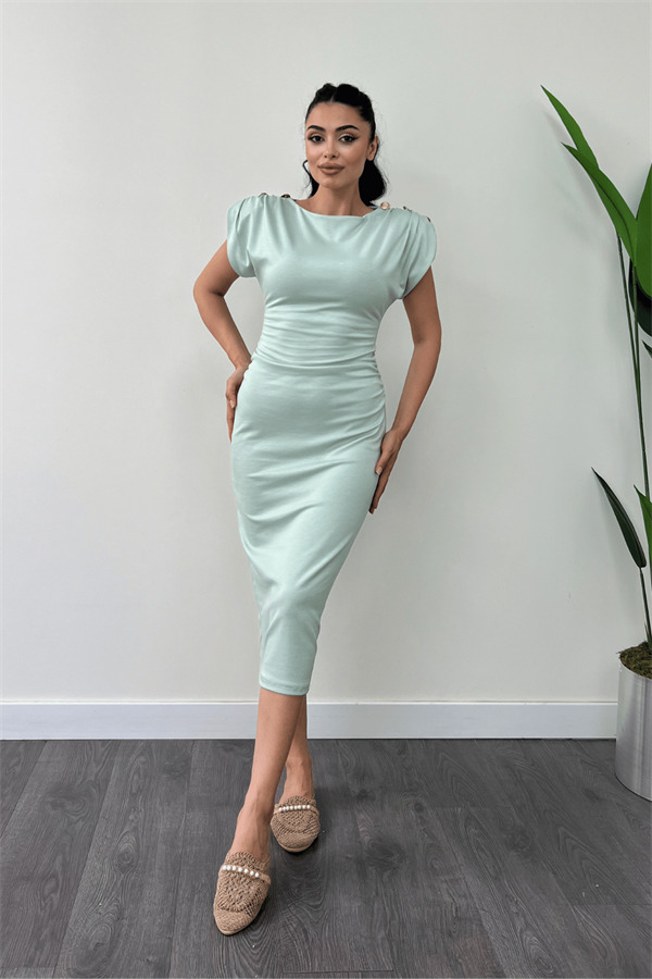Üç İplik Penye Kumaş Omuz Detaylı Büzgülü Kalem Elbise - YEŞİL - 1