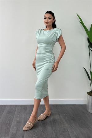 Üç İplik Penye Kumaş Omuz Detaylı Büzgülü Kalem Elbise - YEŞİL - Angelino Moda (1)