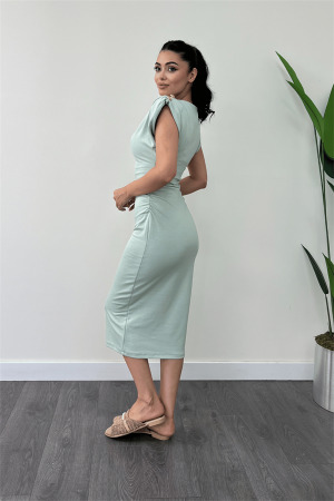 Üç İplik Penye Kumaş Omuz Detaylı Büzgülü Kalem Elbise - YEŞİL - 5
