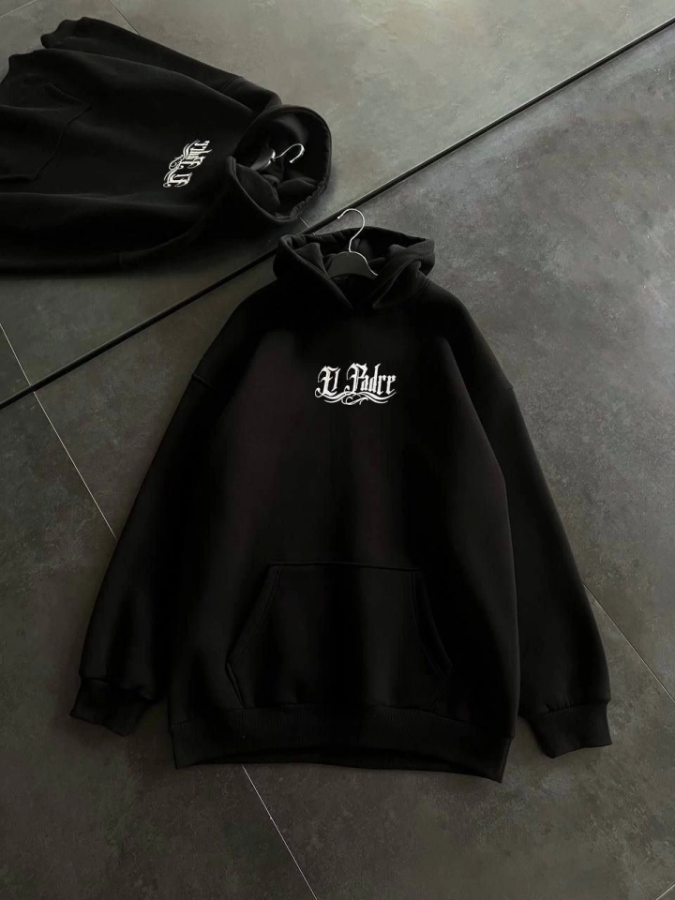 Üç İplik Penye Uzun Kol Kapşonlu Baskılı SweatShirt - Siyah - 2
