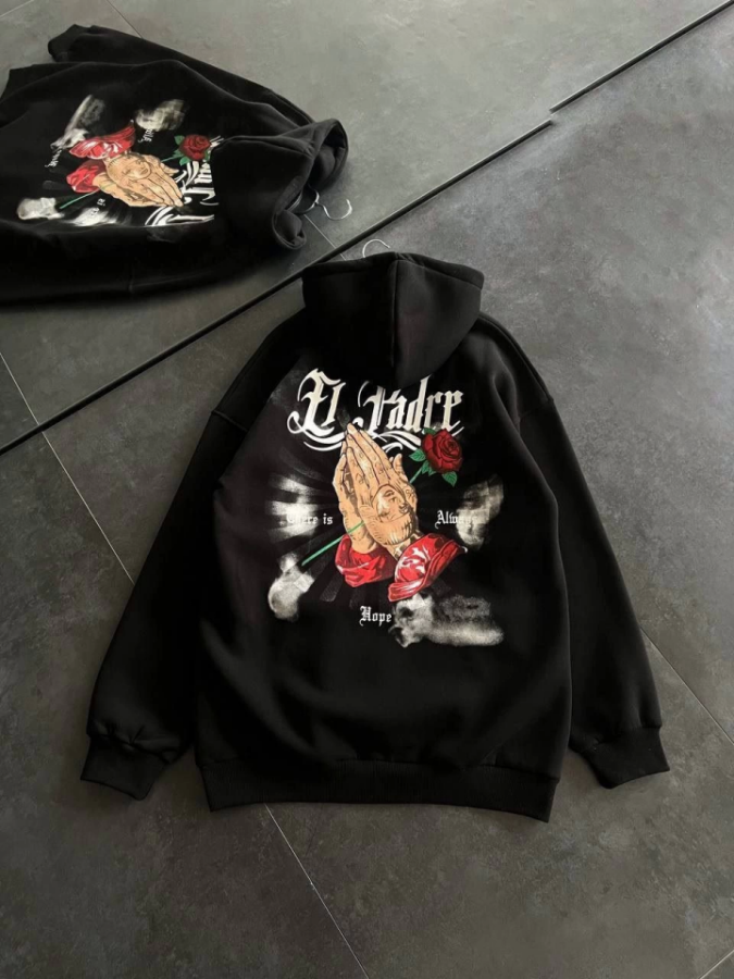 Üç İplik Penye Uzun Kol Kapşonlu Baskılı SweatShirt - Siyah - 3