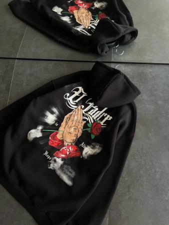 Üç İplik Penye Uzun Kol Kapşonlu Baskılı SweatShirt - Siyah - 1