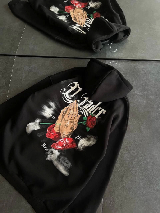Üç İplik Penye Uzun Kol Kapşonlu Baskılı SweatShirt - Siyah - 1
