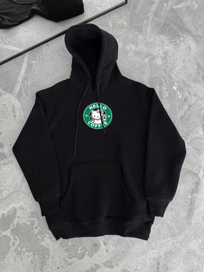 Üç İplik Penye Uzun Kol Kapşonlu SweatShirt - Siyah - 3
