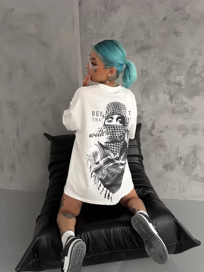 Unisex Baskılı Oversize T-Shirt - Beyaz - ANGELINO BuyukBedeniz