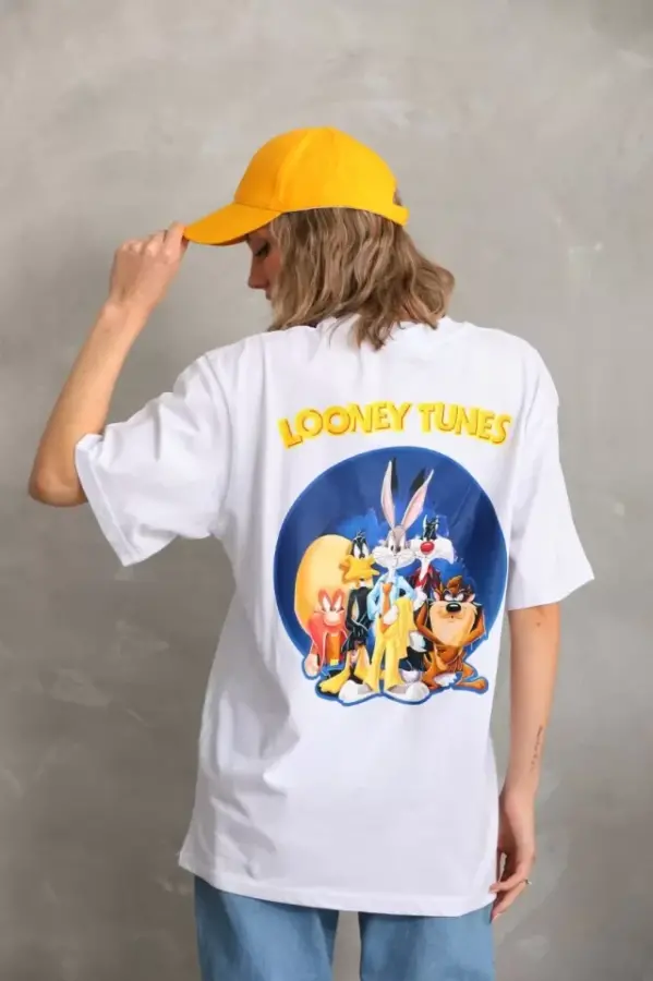 Unisex Baskılı Oversize T-Shirt - Beyaz - 1