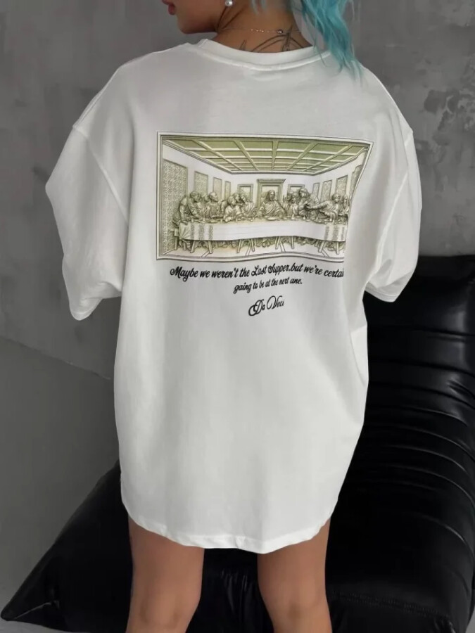Unisex Baskılı Oversize T-Shirt - Beyaz - ANGELINO BuyukBedeniz