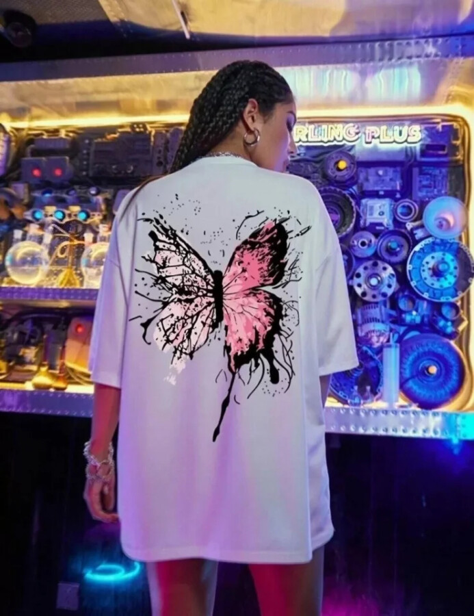 Unisex Baskılı Oversize T-Shirt - Beyaz - ANGELINO BuyukBedeniz