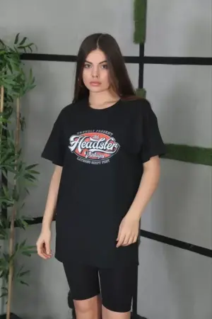 Unisex Baskılı Oversize T-Shirt - Siyah - ANGELINO BuyukBedeniz (1)