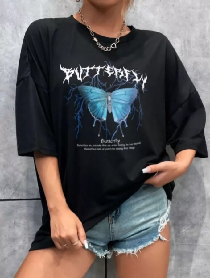 Unisex Baskılı Oversize T-Shirt - Siyah - ANGELINO BuyukBedeniz