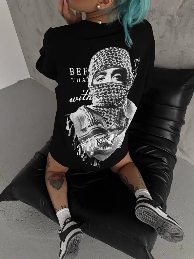 Unisex Baskılı Oversize T-Shirt - Siyah - ANGELINO BuyukBedeniz