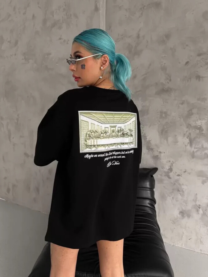 Unisex Baskılı Oversize T-Shirt - Siyah - ANGELINO BuyukBedeniz