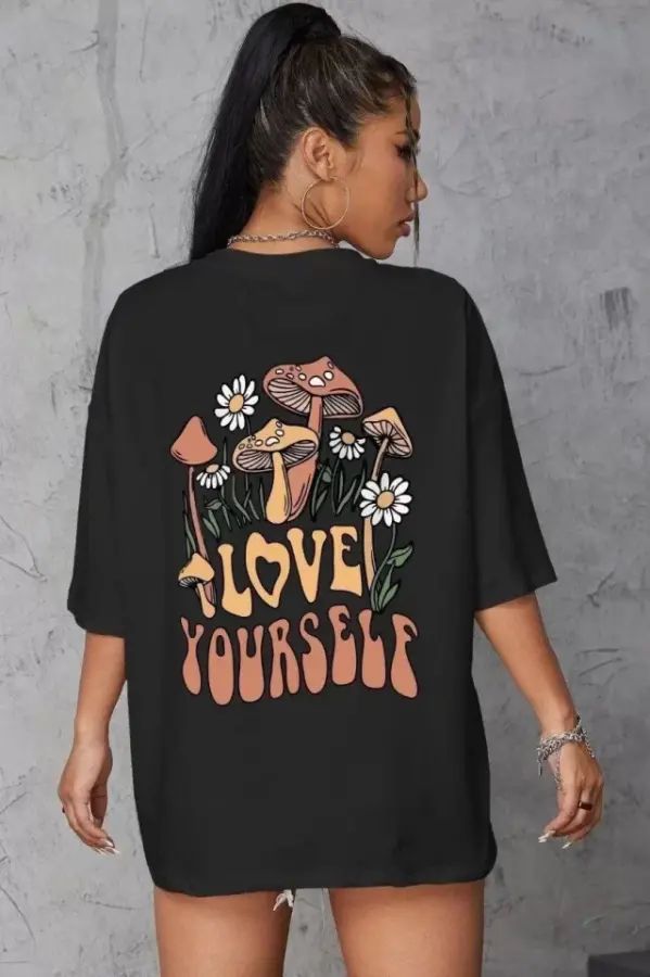 Unisex Baskılı Oversize T-Shirt - Siyah - 1