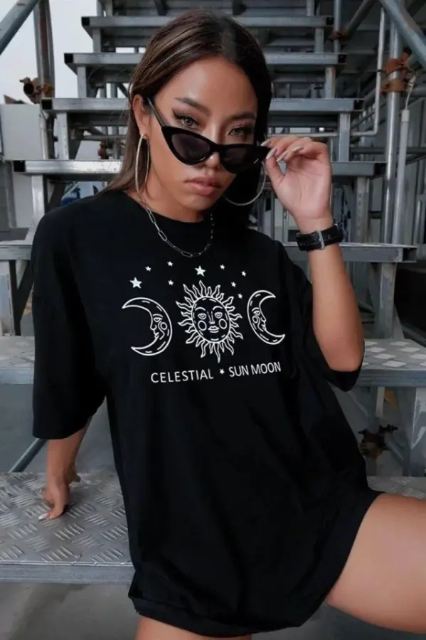 Unisex Baskılı Oversize T-Shirt - Siyah - 2