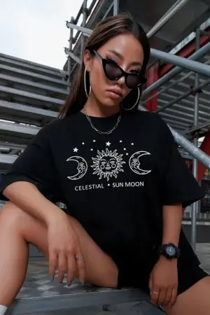 Unisex Baskılı Oversize T-Shirt - Siyah - 3