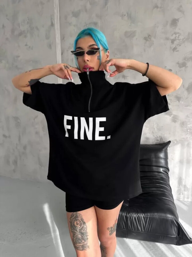 Unisex Baskılı Yarım Fermuarlı T-Shirt - Siyah - ANGELINO BuyukBedeniz