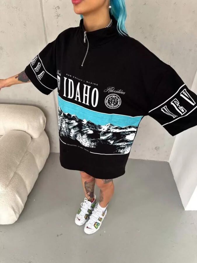 Unisex Baskılı Yarım Fermuarlı T-Shirt - Siyah - ANGELINO BuyukBedeniz