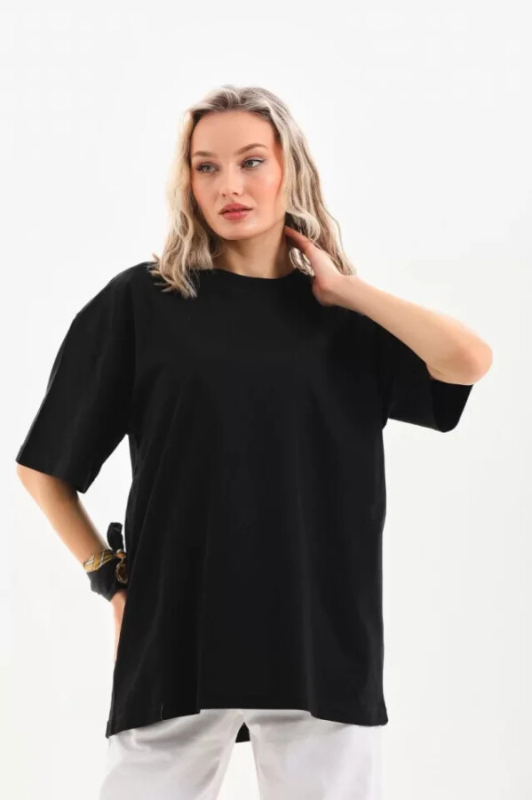 Unisex Bisiklet Yaka 20/1 Düz Oversize T-Shirt - Siyah - ANGELINO BuyukBedeniz
