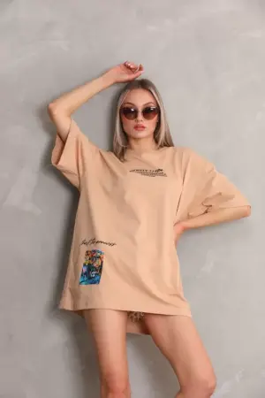 Unisex Bisiklet Yaka Baskılı Oversize T-Shirt - Bej - ANGELINO BuyukBedeniz (1)