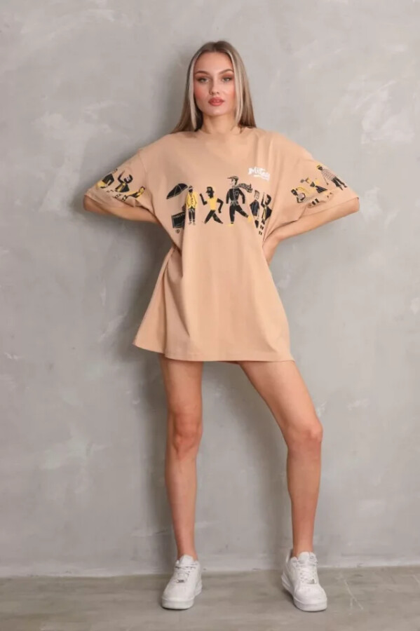 Unisex Bisiklet Yaka Baskılı Oversize T-Shirt - Bej - ANGELINO BuyukBedeniz