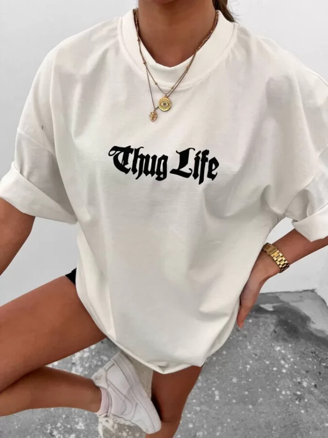 Unisex Bisiklet Yaka Baskılı Oversize T-Shirt - Beyaz - ANGELINO BuyukBedeniz