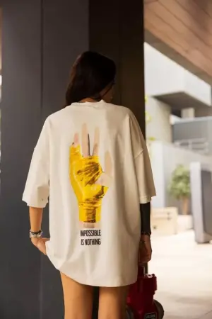 Unisex Bisiklet Yaka Baskılı Oversize T-Shirt - Beyaz - ANGELINO BuyukBedeniz (1)