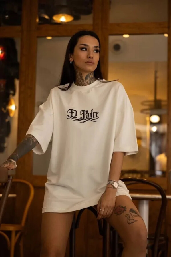 Unisex Bisiklet Yaka Baskılı Oversize T-Shirt - Beyaz - ANGELINO BuyukBedeniz