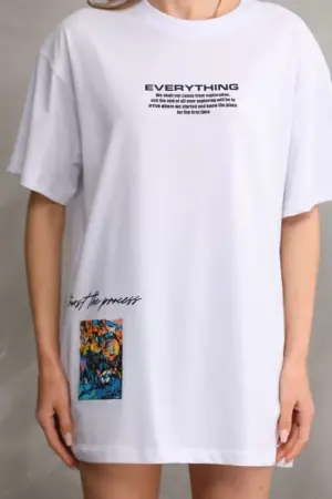 Unisex Bisiklet Yaka Baskılı Oversize T-Shirt - Beyaz - ANGELINO BuyukBedeniz (1)