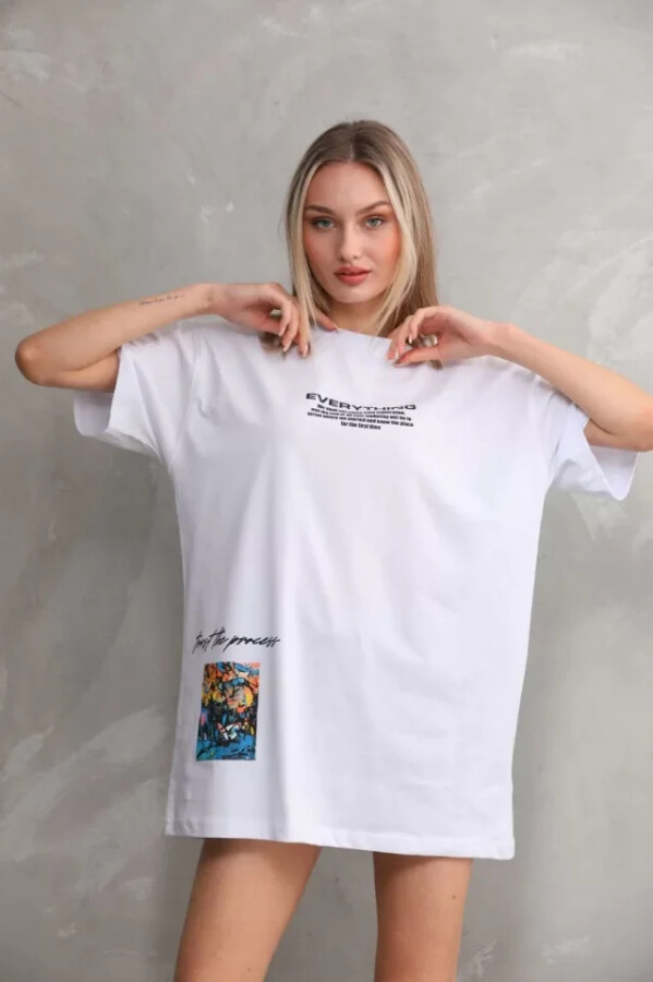 Unisex Bisiklet Yaka Baskılı Oversize T-Shirt - Beyaz - ANGELINO BuyukBedeniz