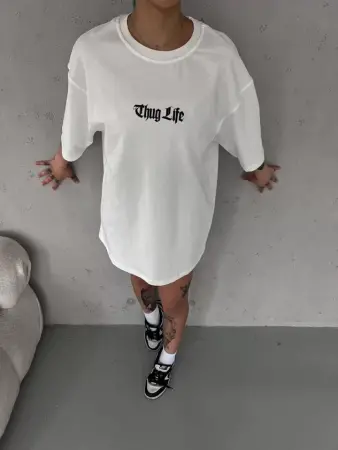 Unisex Bisiklet Yaka Baskılı Oversize T-Shirt - Beyaz - 1