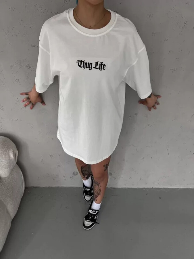 Unisex Bisiklet Yaka Baskılı Oversize T-Shirt - Beyaz - ANGELINO BuyukBedeniz