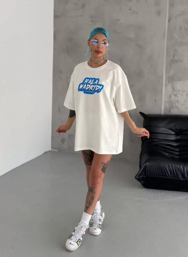 Unisex Bisiklet Yaka Baskılı Oversize T-Shirt - Beyaz - ANGELINO BuyukBedeniz