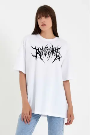 Unisex Bisiklet Yaka Baskılı Oversize T-Shirt - Beyaz - 1